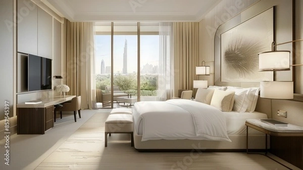 Obraz Bedroom interior is in the style of a modern luxury hotel resort, with soft bed linen and large glass windows.