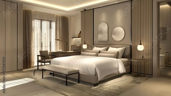 Obraz Bedroom interior is in the style of a modern luxury hotel resort, with soft bed linen and large glass windows.