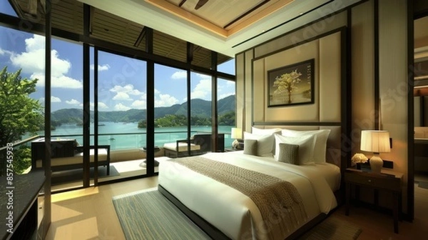 Obraz Bedroom interior is in the style of a modern luxury hotel resort, with soft bed linen and large glass windows.