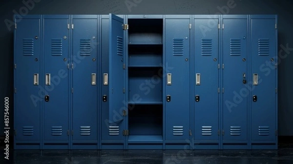 Obraz Empty Blue School Lockers with One Door Open, Generative AI