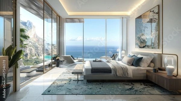 Obraz Bedroom interior is in the style of a modern luxury hotel resort, with soft bed linen and large glass windows.