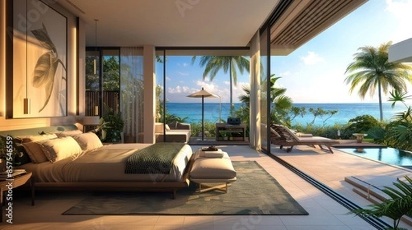 Obraz Bedroom interior is in the style of a modern luxury hotel resort, with soft bed linen and large glass windows.