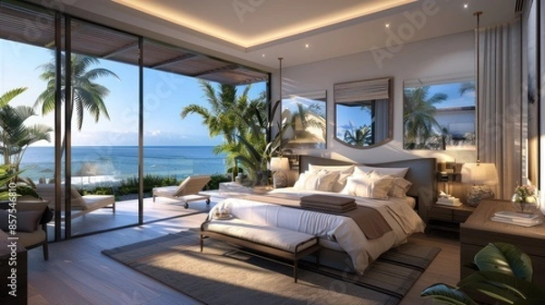 Obraz Bedroom interior is in the style of a modern luxury hotel resort, with soft bed linen and large glass windows.