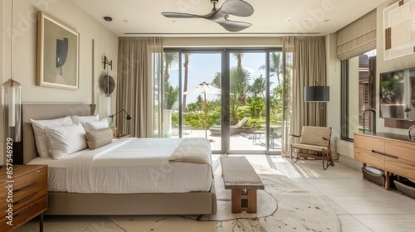 Obraz Bedroom interior is in the style of a modern luxury hotel resort, with soft bed linen and large glass windows.