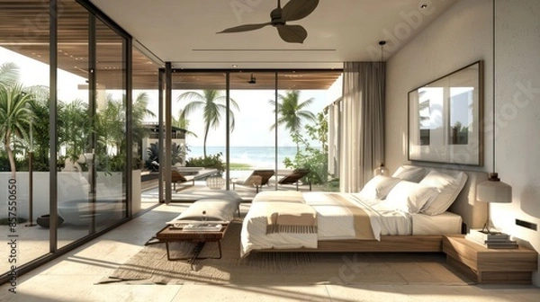 Obraz Bedroom interior is in the style of a modern luxury hotel resort, with soft bed linen and large glass windows.