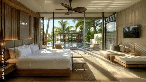 Obraz Bedroom interior is in the style of a modern luxury hotel resort, with soft bed linen and large glass windows.