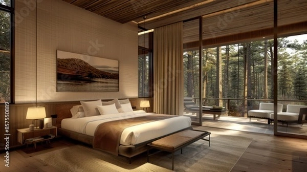 Obraz Bedroom interior is in the style of a modern luxury hotel resort, with soft bed linen and large glass windows.