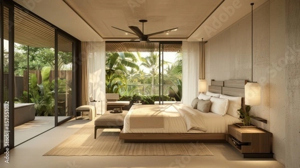 Obraz Bedroom interior is in the style of a modern luxury hotel resort, with soft bed linen and large glass windows.