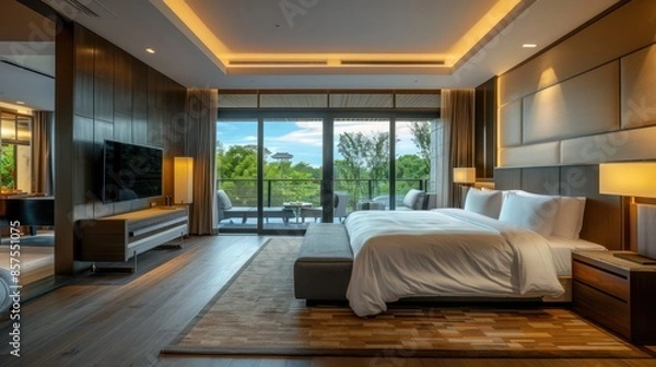 Obraz Bedroom interior is in the style of a modern luxury hotel resort, with soft bed linen and large glass windows.