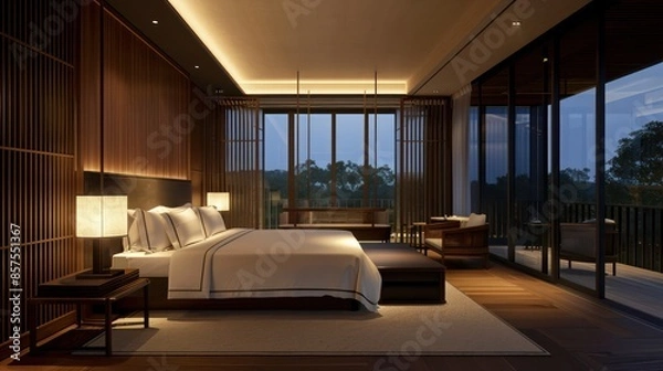 Obraz Bedroom interior is in the style of a modern luxury hotel resort, with soft bed linen and large glass windows.