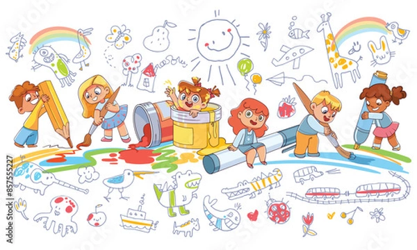 Obraz Cute kids paint drawings on the wall. Seamless childrens panorama for your design. Template for advertising brochure. Funny cartoon character. Vector illustration. Isolated on white background