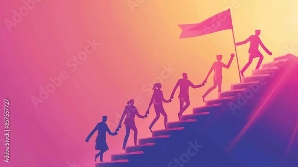 Obraz Teamwork success - Team of business people walking up staircase, holding hands with raised flag. Working together creates progress and winners concept. Vector illustration very nice flat illustration
