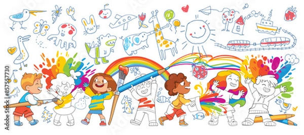 Obraz Kids got dirty in the paint drawing funny doodles on the wall. Colorful cartoon characters. Funny vector illustration. Isolated white background. Seamless childrens panorama for your design