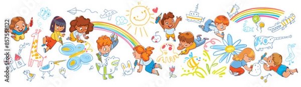 Obraz Children doodle on the wall and floor. Boys and girls drawing pictures scribbles. Chalked kids drawings on asphalt. Colorful cartoon character. Funny vector illustration. Isolated white background