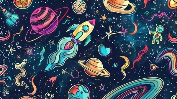 Fototapeta Space rocket illustration design planets and stars element in drawing style