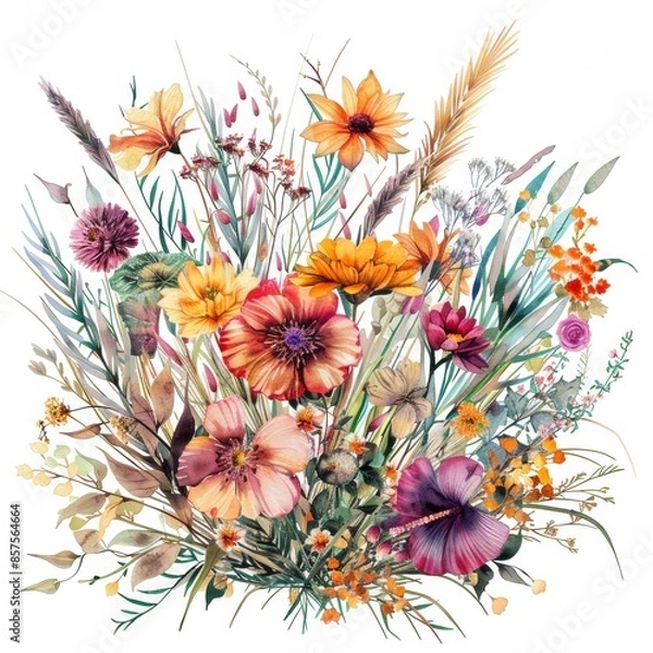 Fototapeta watercolor illustrations from the collection with a bouquet surrounded by flowers, grass, leaves, apples, pears and other elements isolated on a white background.