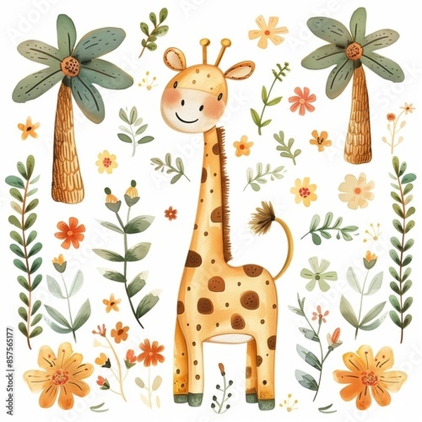 Fototapeta Watercolor illustrations from the collection with a cute giraffe surrounded by flowers, palm trees, shrubs, leaves and other elements highlighted on a white background.