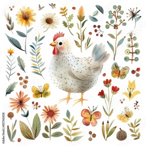 Fototapeta watercolor illustrations from the collection with a cute chicken surrounded by flowers, eggs, herbs, berries, grains, butterflies, dragonflies and other elements isolated on a white background.