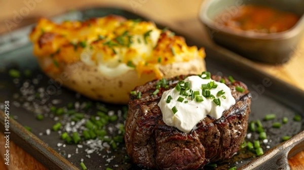 Fototapeta Steak with a side of baked potato topped with sour cream and chives