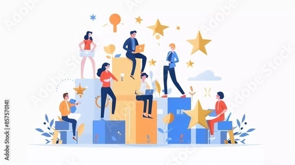 Fototapeta HR recognition concept. Best employee and specialist with great reputation online. Business success. Tiny people professionals. Modern flat cartoon style. Vector illustration on white background very 