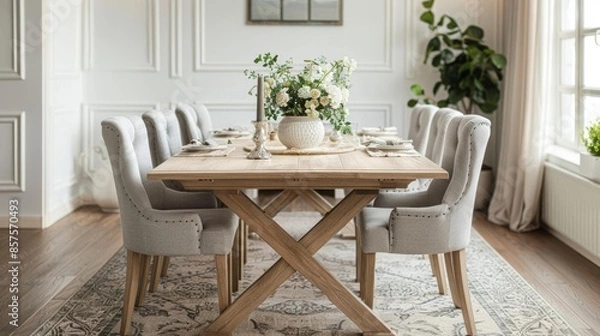 Obraz Elegant Dining Room - White dining table with light wood legs, grey upholstered chairs, and a simple centerpiece of fresh flowers