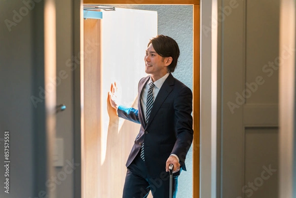 Fototapeta 玄関から自宅に入るビジネスマン（帰宅・ただいま・出張・営業）

