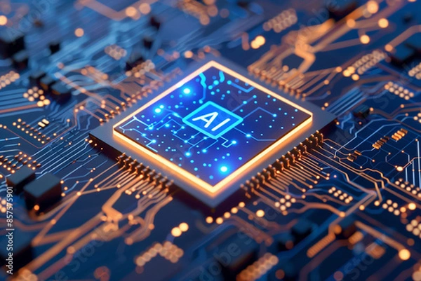 Obraz Artificial Intelligence Computer Chip Semiconductor, Blue AI Machine Learning Hardware Concept