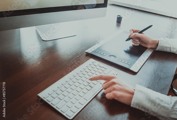 Fototapeta Stylish workspace with computer  on home or studio