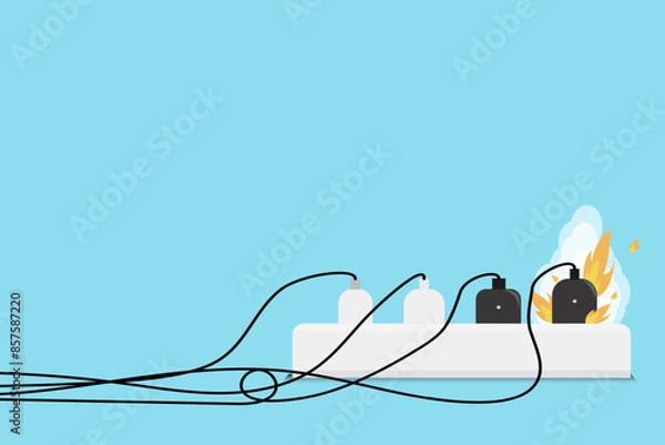 Obraz Electric risk burn. Overload plug in power outlet in. caution and warning Danger electricity illustration vector EPS 10. 