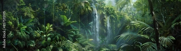 Fototapeta A lush green jungle with a waterfall in the middle