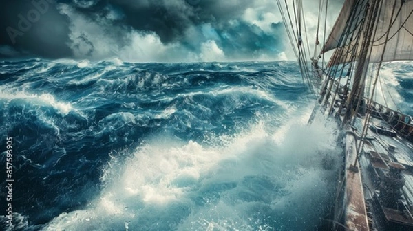 Fototapeta A large sailboat is being tossed around in a stormy sea