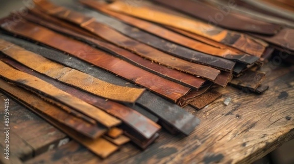 Fototapeta Leather strips on a wood plank Cowboy flair