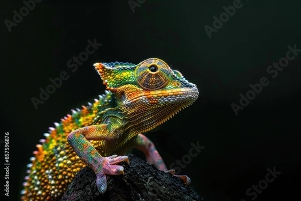 Fototapeta Colorful chameleon resting on wood in tranquil setting with dark background wildlife and nature concept