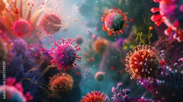 Fototapeta Microscope virus close up. 3d rendering.
