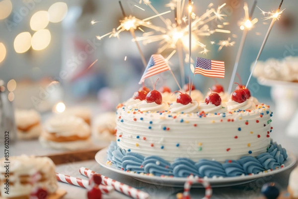 Fototapeta A close-up of a beautifully decorated Fourth of July cake with red, white, and blue icing, surrounded by sparklers and small American flags, captures the celebratory and inviting spirit of the holiday