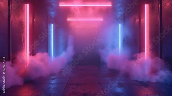Fototapeta Dark room with empty walls neon light smoke and glow