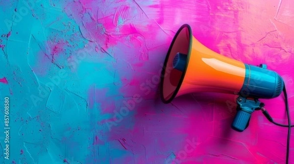 Fototapeta Colorful megaphone on a vibrant textured background in pink and blue, representing communication and announcement concepts.