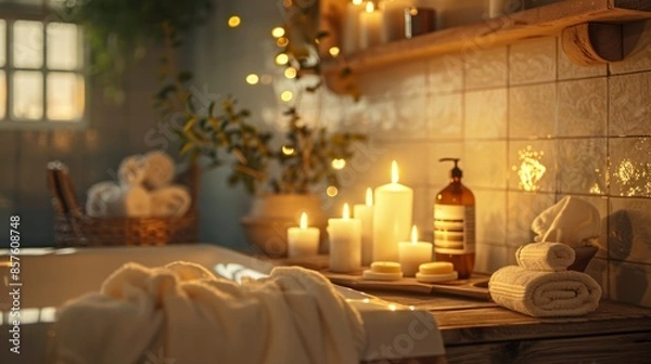 Fototapeta Serene bathroom featuring lit candle, towels and warm lighting, relax in spa or bathroom with ambiance cozy for health, bathroom with decor with comfort, spa and beauty with soothing concept.