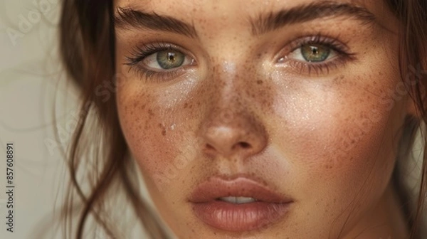 Fototapeta Close-up portrait young woman with freckles showing beauty skin makeup for beautiful with natural, closeup beautiful facial woman with complexion and expression, gentle and femininity, skin on face.