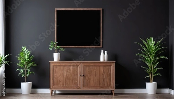 Fototapeta Wall art mockups. Frames for art on a black wall. Gallery in dark colors. 