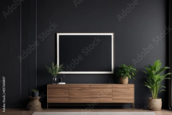 Fototapeta Wall art mockups. Frames for art on a black wall. Gallery in dark colors. 