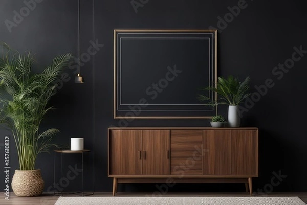 Fototapeta Wall art mockups. Frames for art on a black wall. Gallery in dark colors. 