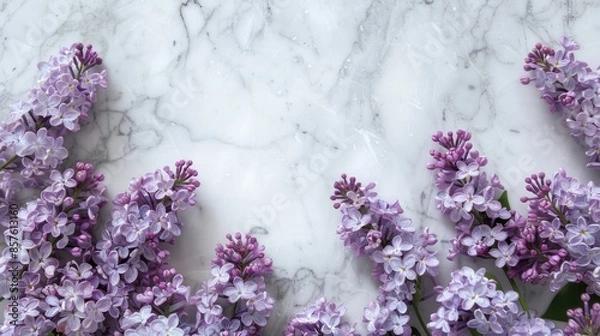 Fototapeta Lilac flowers on white marble background with space for text flat lay view