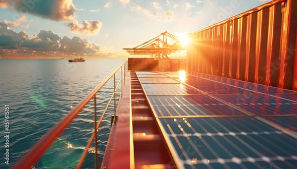 Fototapeta A cargo ship with solar panels on its deck, sailing at sunset. The sun shines brightly behind a crane on the dock.