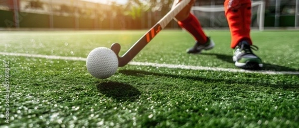 Obraz Field hockey player in action on the game field, focusing on the ball and stick during a sunny day.