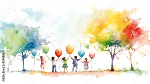 Fototapeta A group of children are holding balloons and standing in a park. The scene is colorful and lively, with the children enjoying their time together