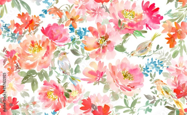 Fototapeta Abstract Red Peonies and Foliage Seamless Pattern in Watercolor with transparency background, Watercolor Floral Textile Design
