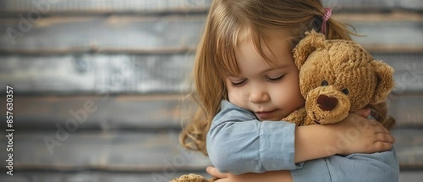 Obraz A little girl lovingly embraces her teddy bear, showing comfort and innocence against a rustic wooden background.