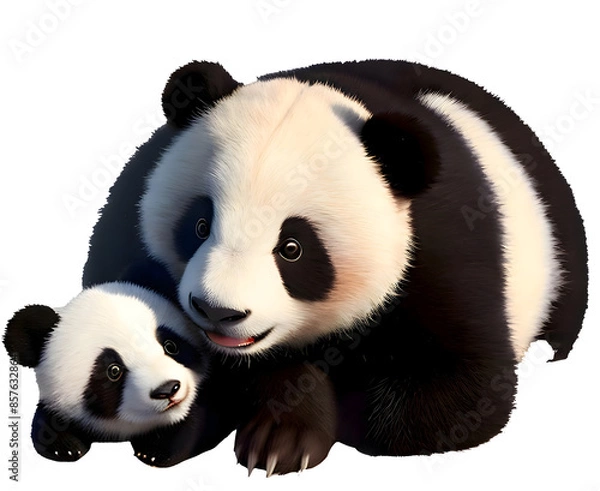 Fototapeta Baby Panda Bear With Mom Cuddling with Transparent Background