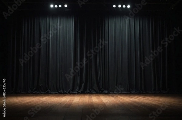 Obraz spotlight on a stage with black curtains draped down. wood floor.